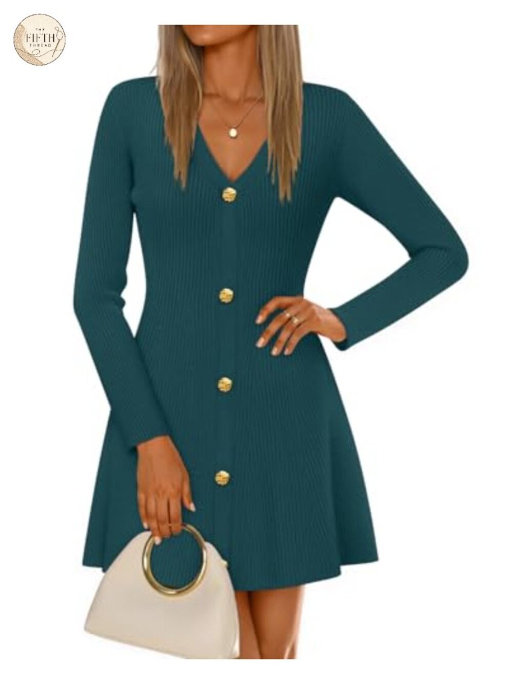 Long Sleeve V Neck A-Line Sweater Mini Dress Button Front Knit